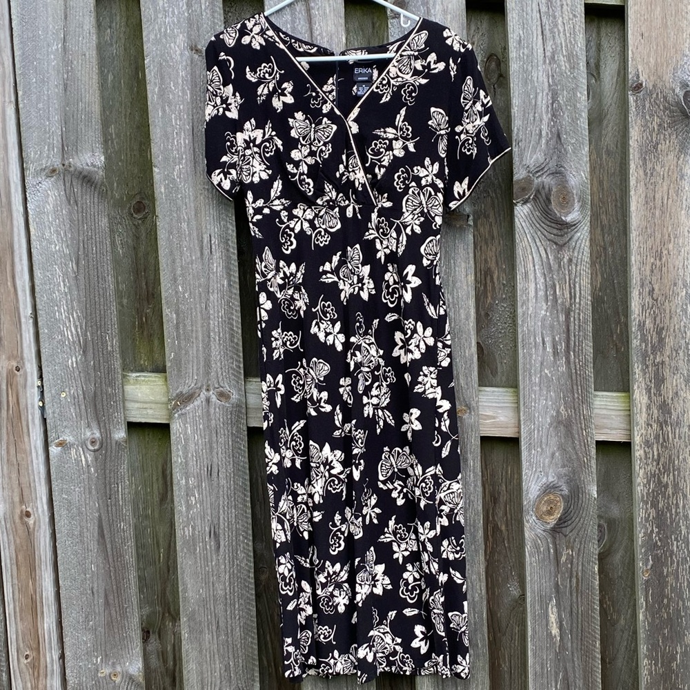 Erika Butterfly Floral Black cream Midi Dress V neck Vintage Retro with …